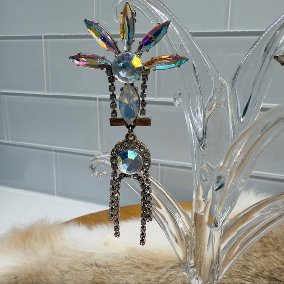 Boho Suncatcher Chandelier 1950s Style Aurora Borealis Rhinestones Earrings - Picture 2 of 8